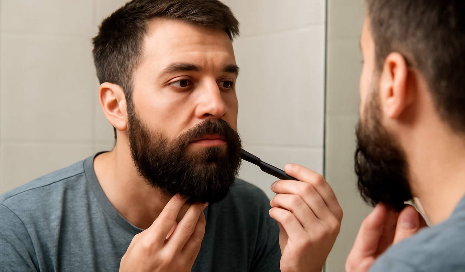 homme peignant sa barbe devant miroir