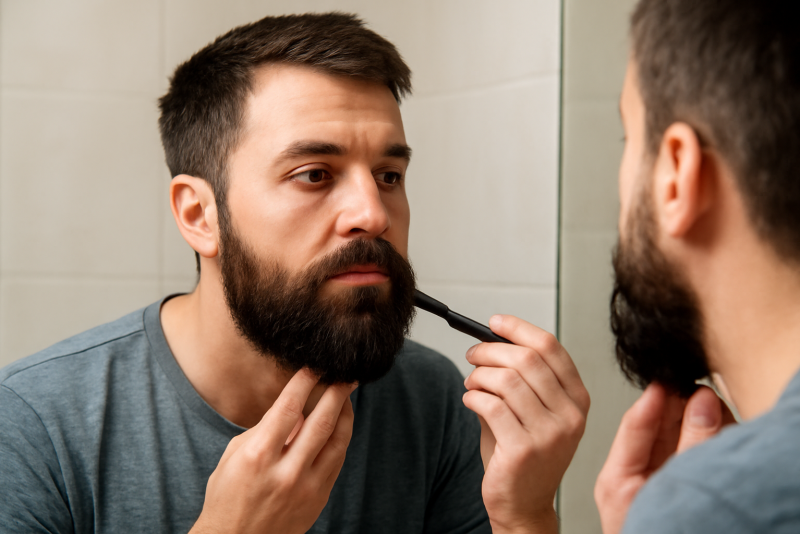 homme peignant sa barbe devant miroir