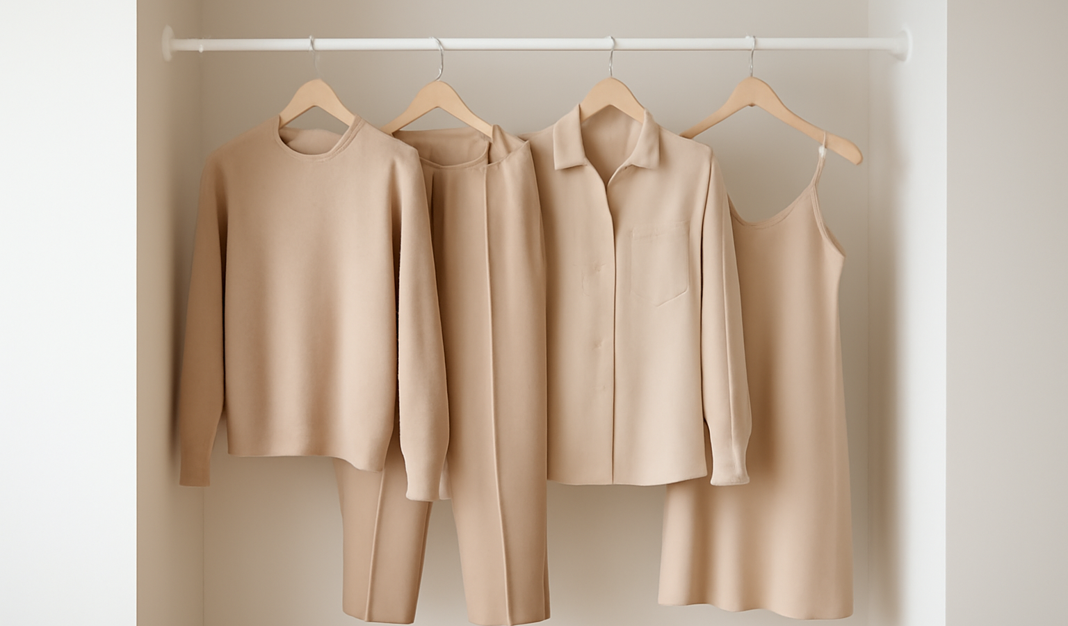 tenues assorties suspendues dans dressing minimaliste