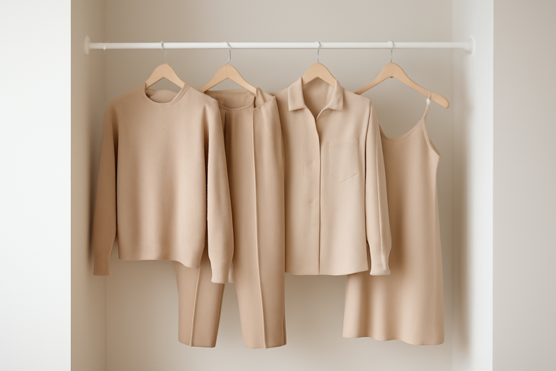 tenues assorties suspendues dans dressing minimaliste