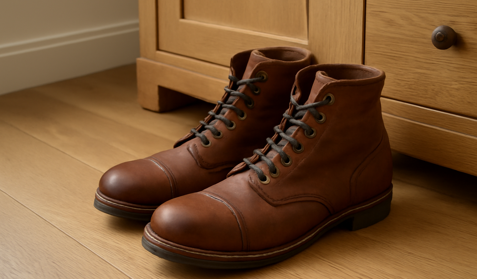 paire de bottes en cuir posée près d'un meuble
