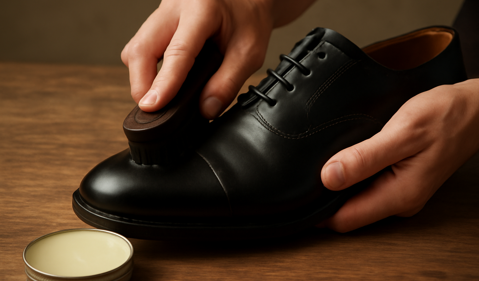 mains appliquant cire sur chaussure en cuir