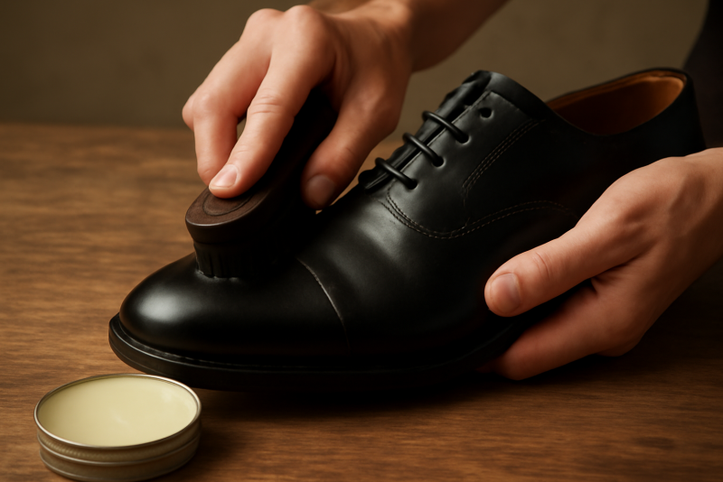 mains appliquant cire sur chaussure en cuir