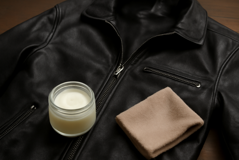 crème et chiffon a cote d'une veste cuir