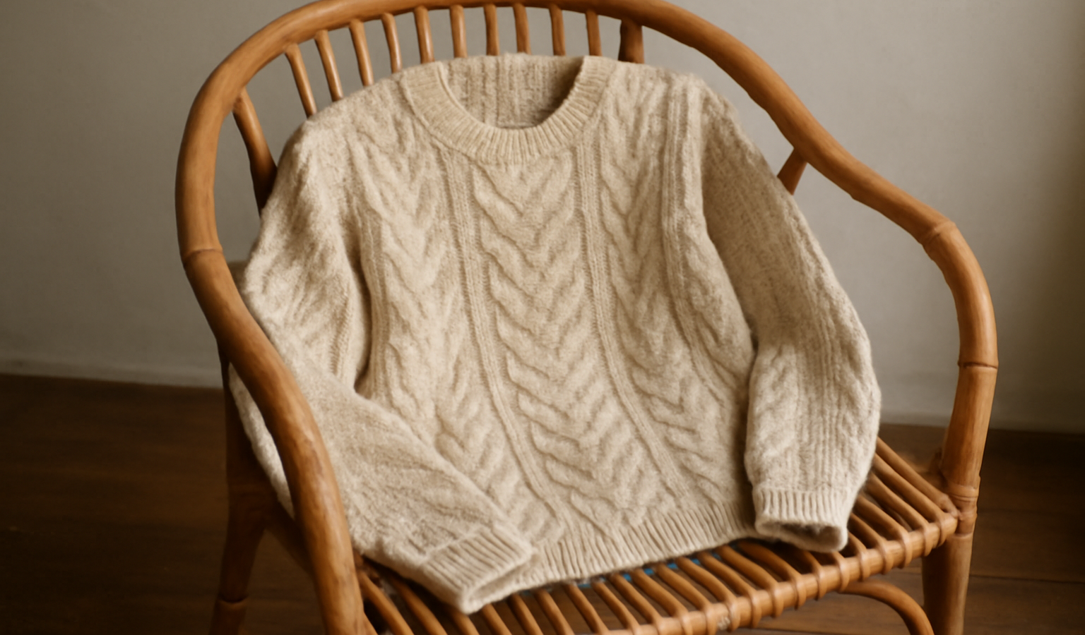 pull en laine posé sur chaise en rotin