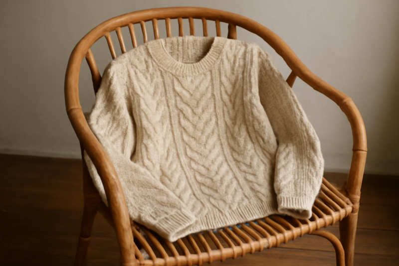pull en laine posé sur chaise en rotin
