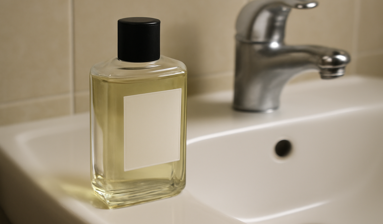 flacon d'apres-rasage posé sur lavabo