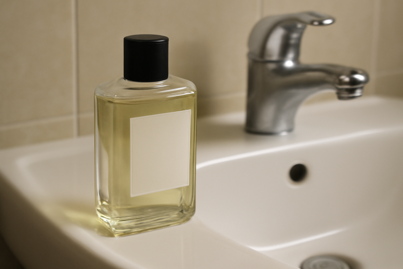flacon d'apres-rasage posé sur lavabo