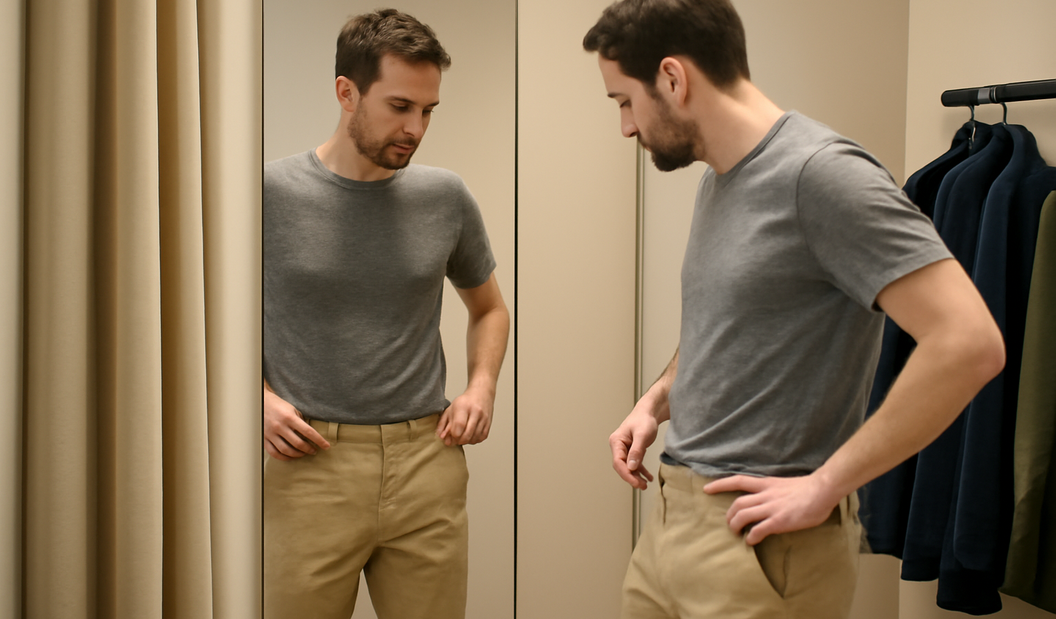 homme essayant un pantalon chino devant miroir