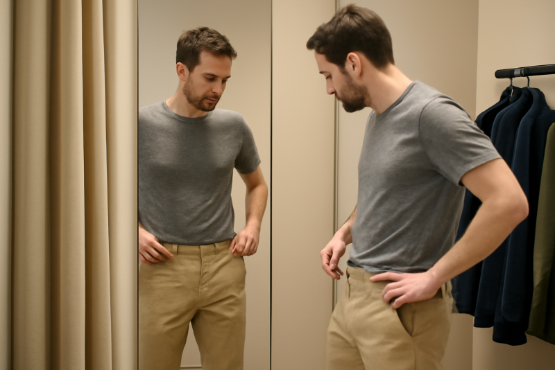 homme essayant un pantalon chino devant miroir