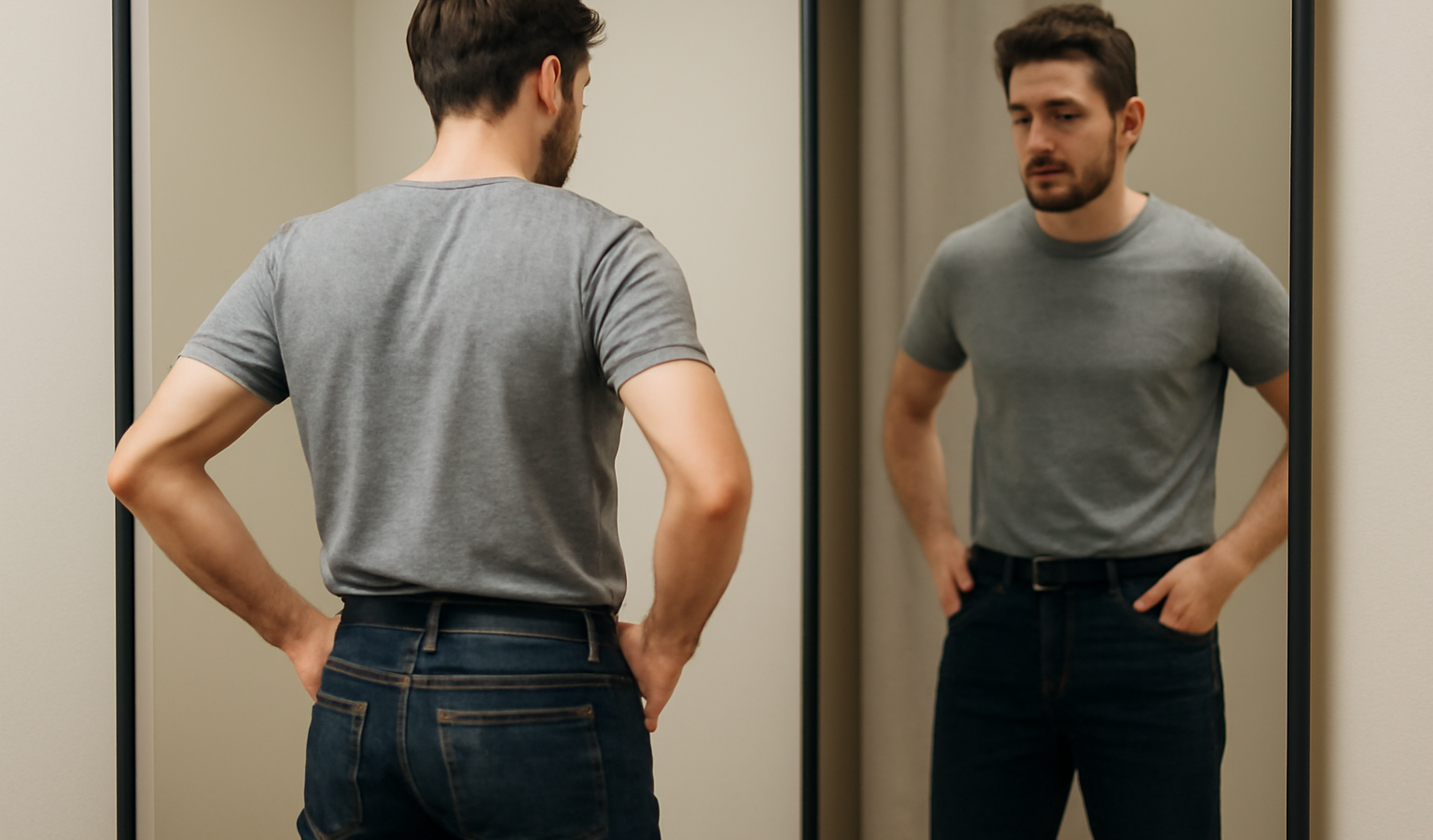 homme essayant un jean brut devant un miroir