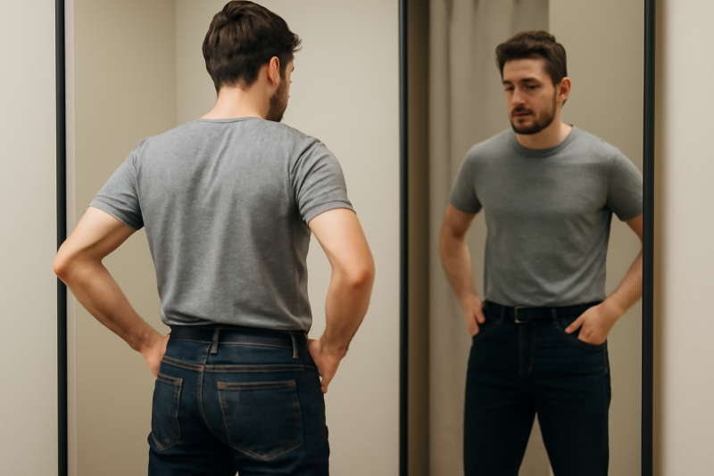 homme essayant un jean brut devant un miroir