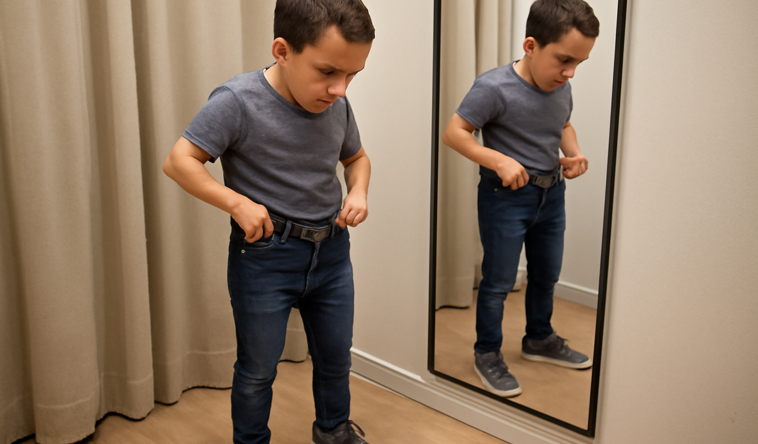 homme petit essayant pantalon ajusté
