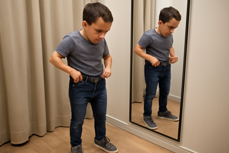 homme petit essayant pantalon ajusté