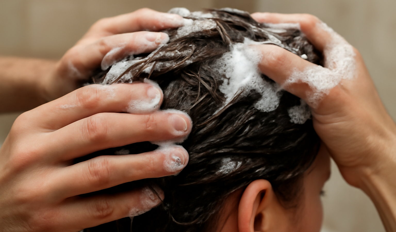 mains appliquant shampooing sur cheveux mouilles