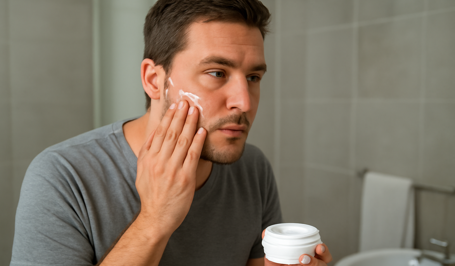 homme appliquant creme sur visage en salle de bain
