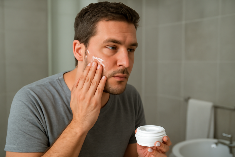 homme appliquant creme sur visage en salle de bain