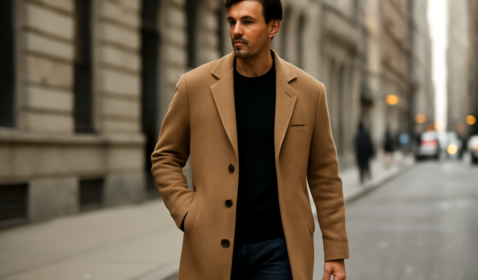 homme portant manteau long en ville