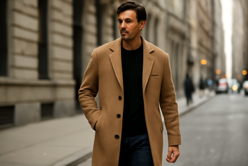 homme portant manteau long en ville