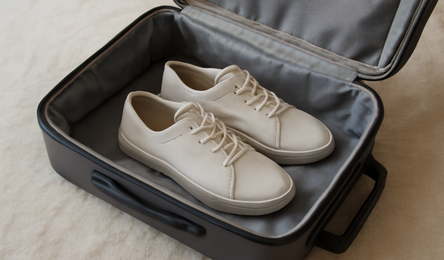 valise ouverte avec chaussures minimalistes