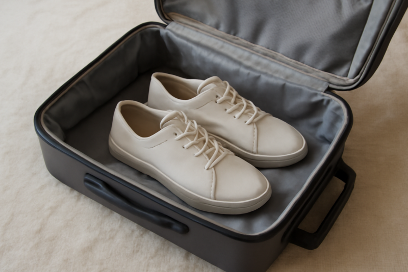 valise ouverte avec chaussures minimalistes