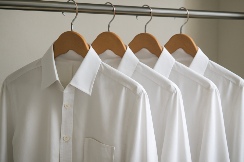 chemises blanches suspendues sur cintres en bois