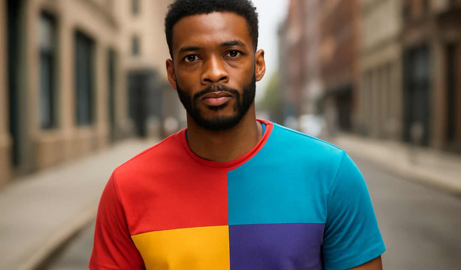 homme en t-shirt couleurs vives urbain