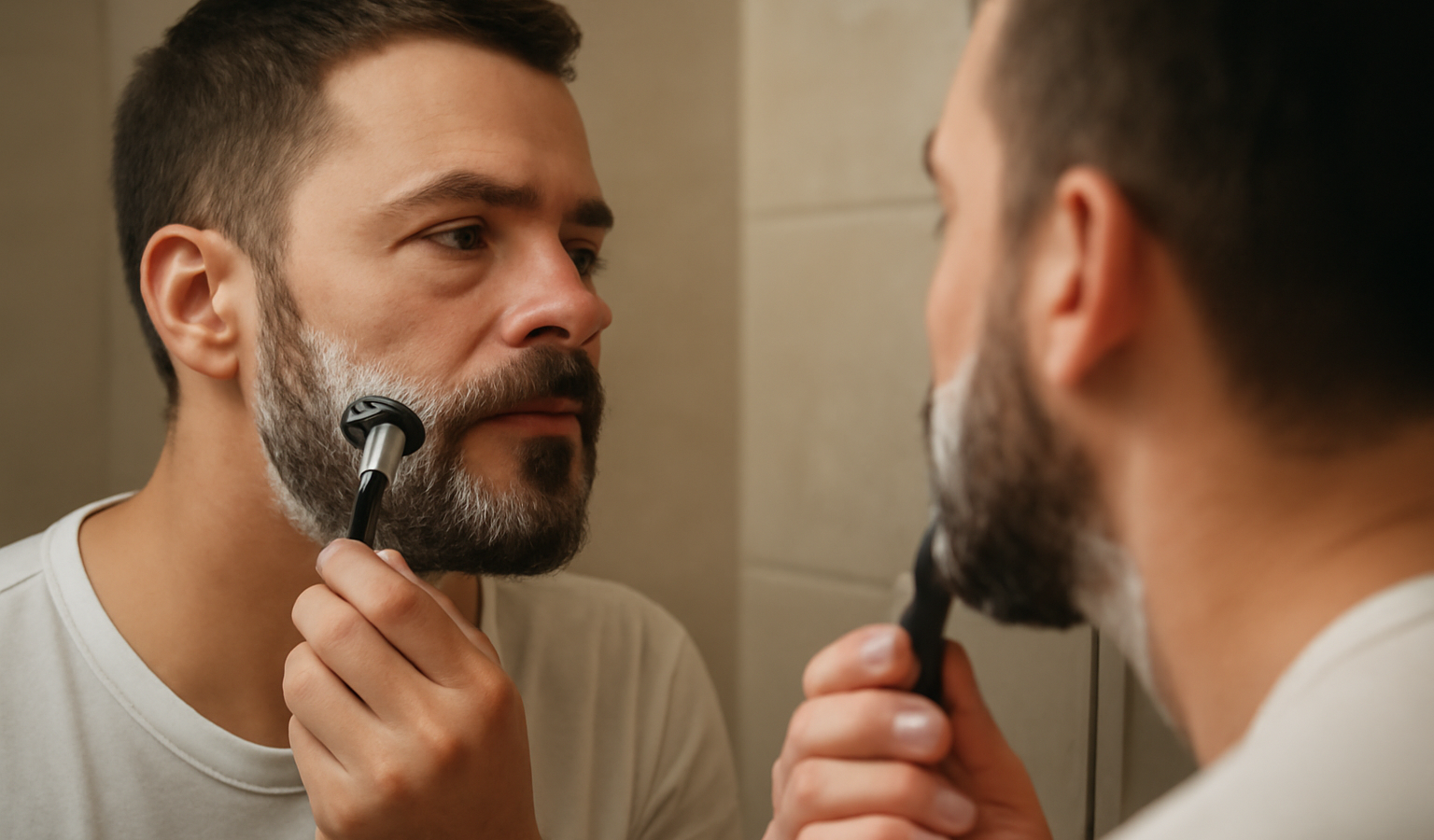 homme rasant sa barbe devant miroir