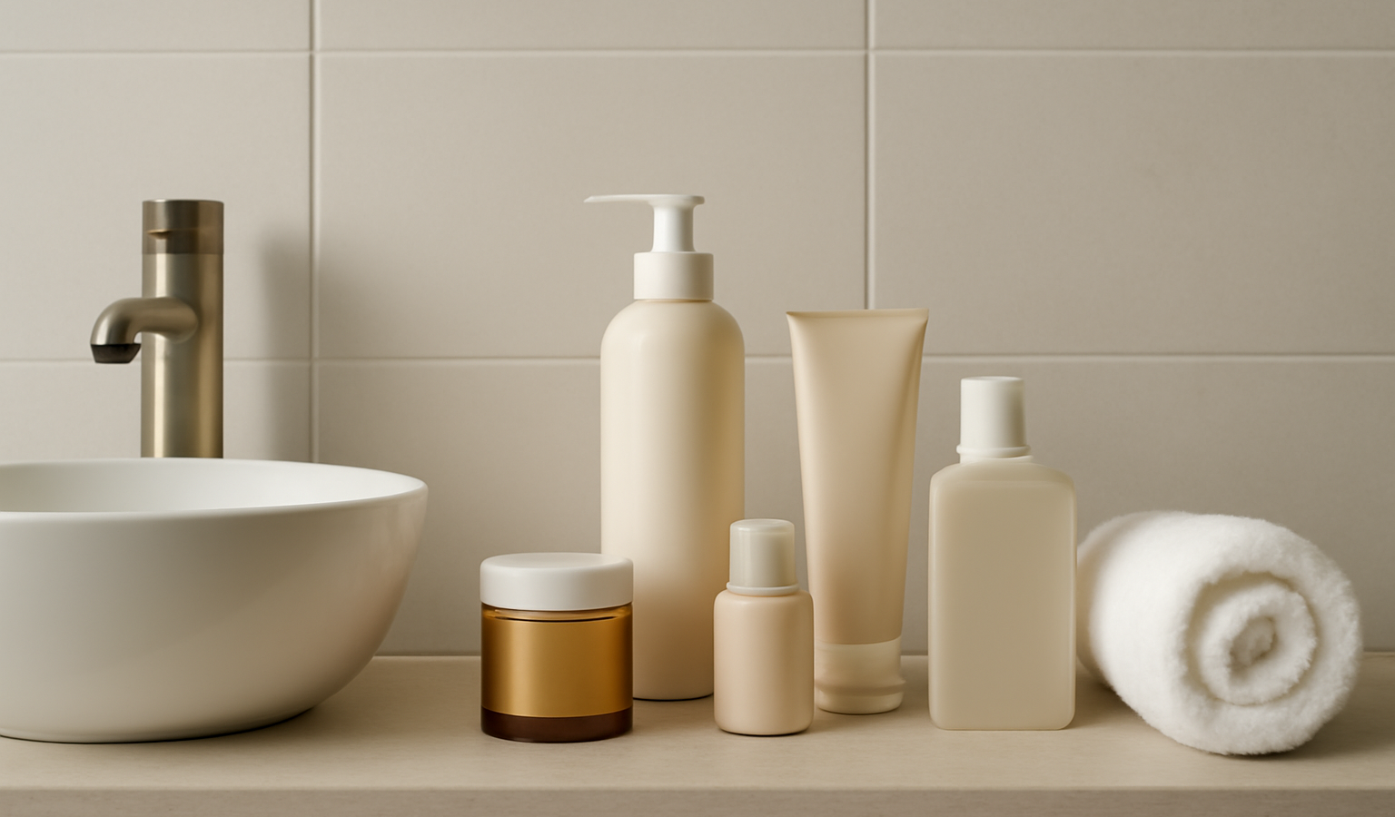 salle de bain avec produits de soin ordonnes