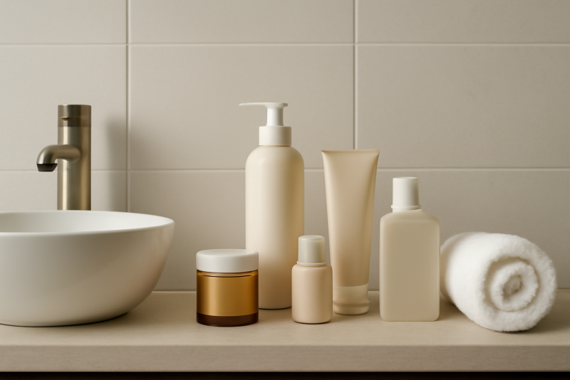 salle de bain avec produits de soin ordonnes