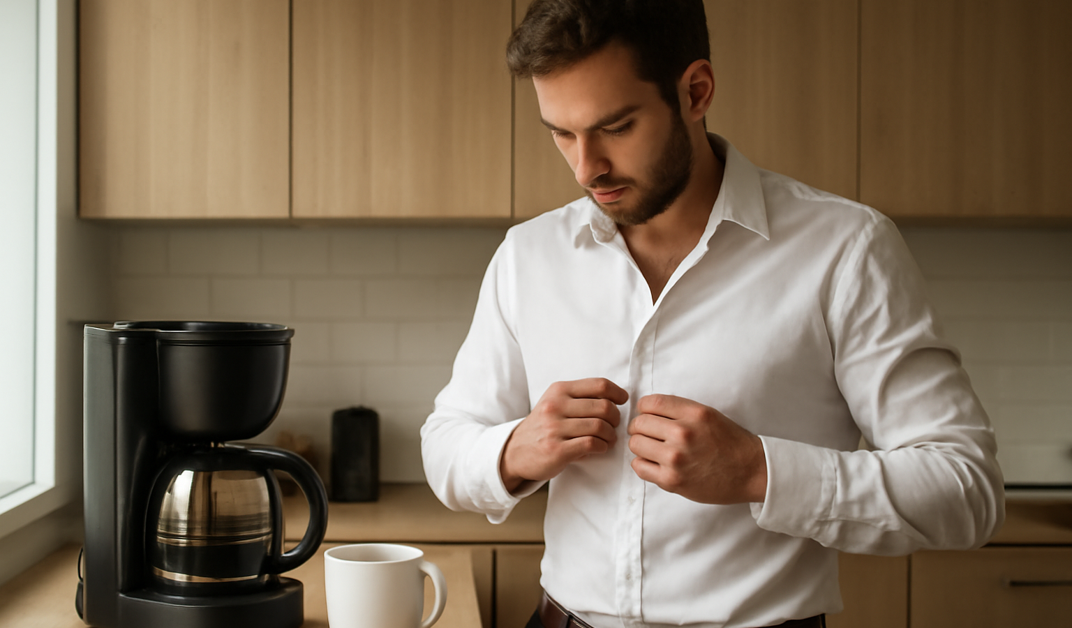 homme préparant café et habillant chemise le matin
