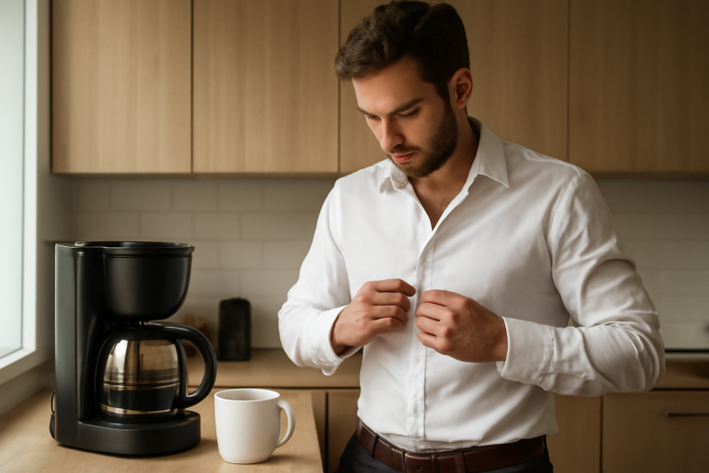 homme préparant café et habillant chemise le matin
