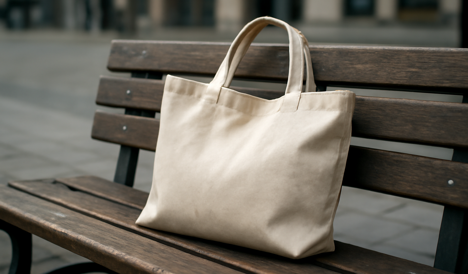 sac en toile pose sur banc urbain