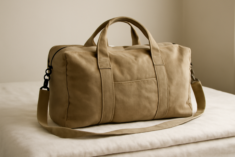 sac de voyage en toile posé sur lit plié