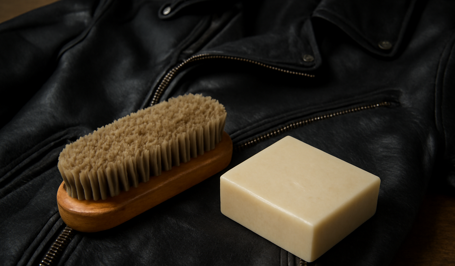 brosse et savon a cote d'une veste cuir