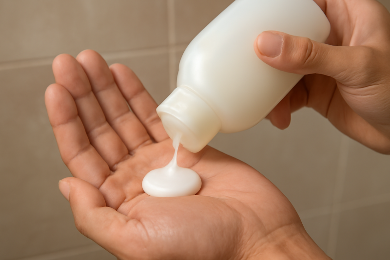 mains versant shampoing dans paume