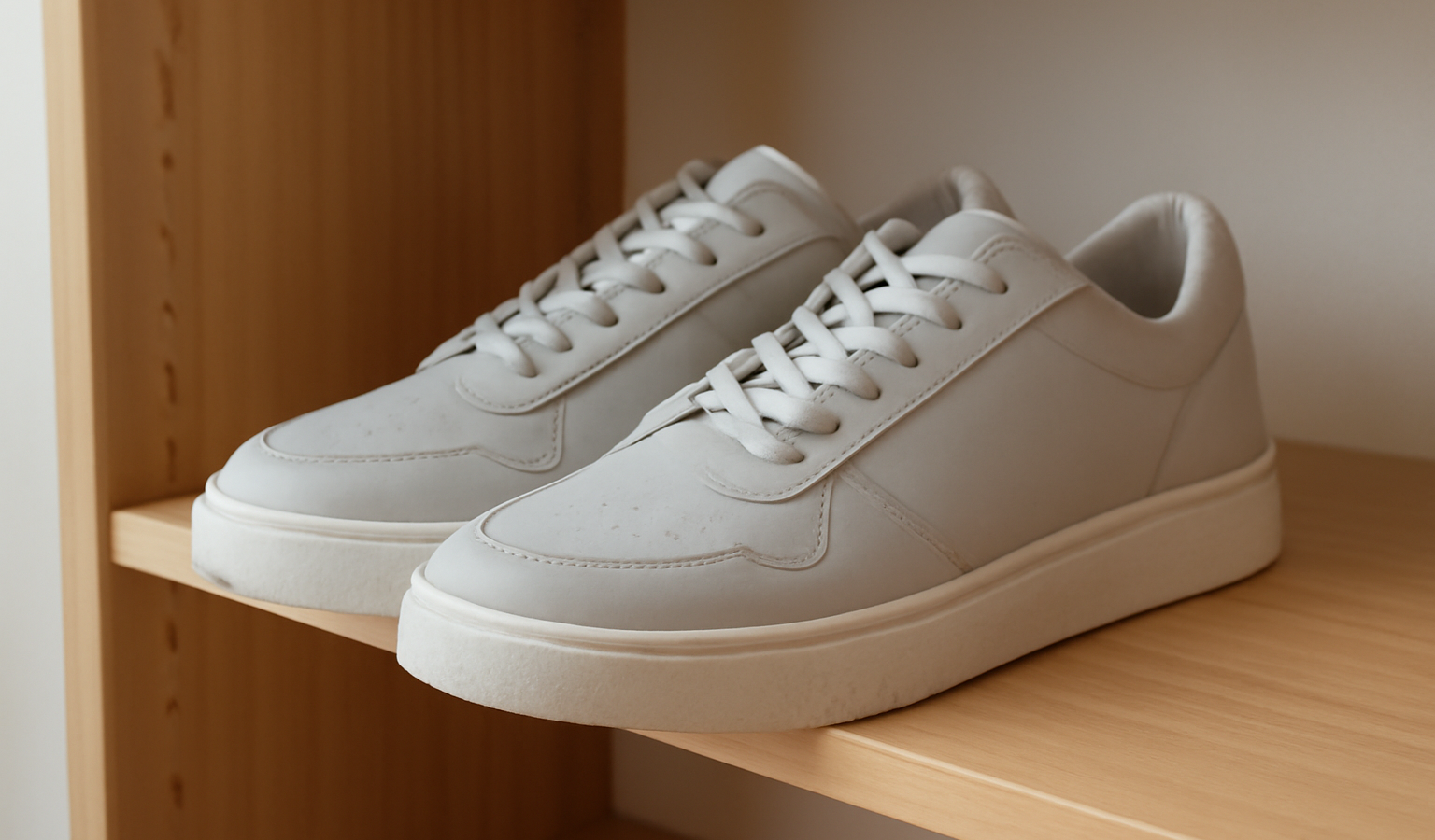paire de sneakers entretenues sur etagere a chaussures