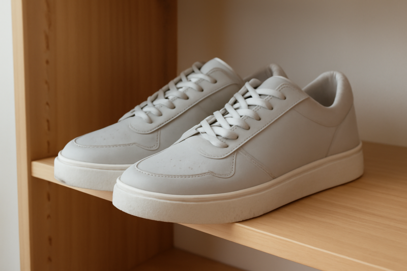 paire de sneakers entretenues sur etagere a chaussures