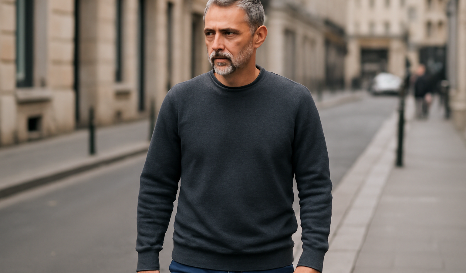 homme mûr en sweat sobre marchant en ville