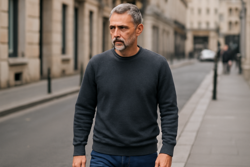 homme mûr en sweat sobre marchant en ville
