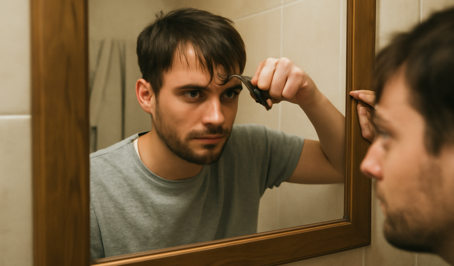 homme coupant une frange devant miroir domestique