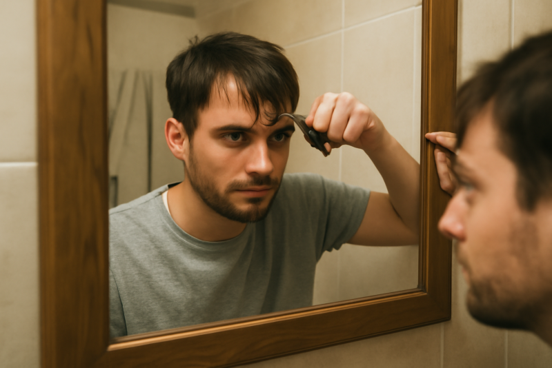 homme coupant une frange devant miroir domestique