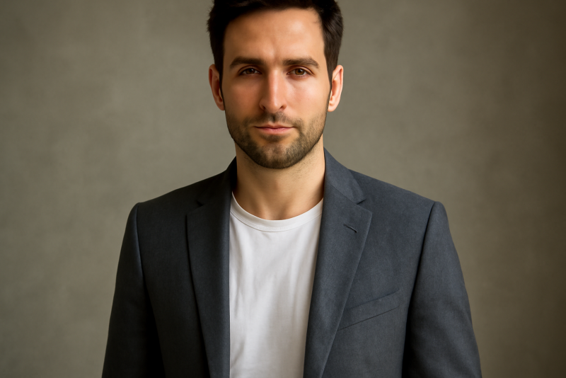homme portant blazer et t-shirt blanc