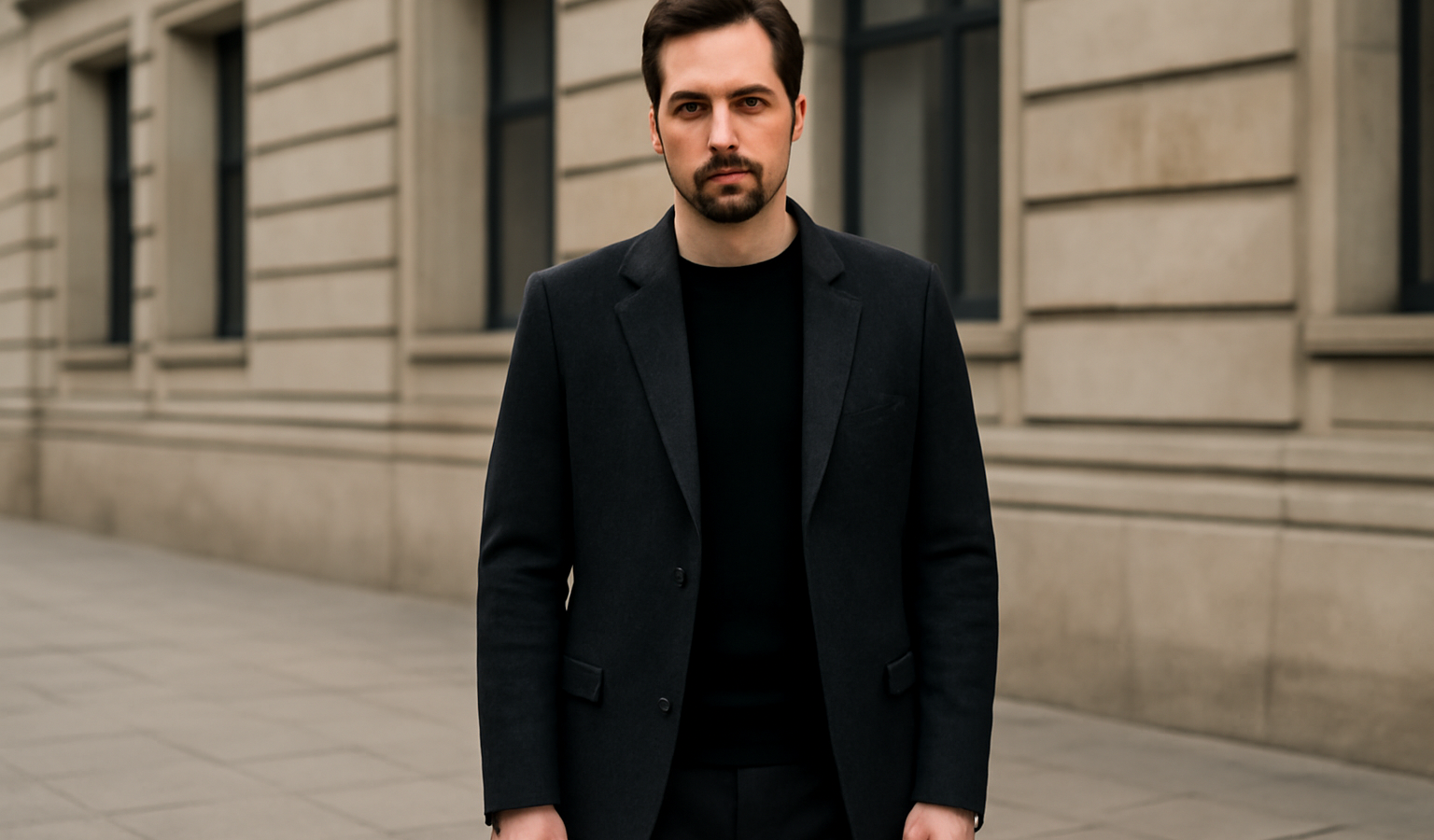 homme en tenue sobre devant batiment