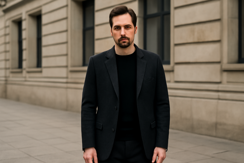 homme en tenue sobre devant batiment