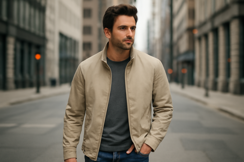 homme portant veste légère en ville
