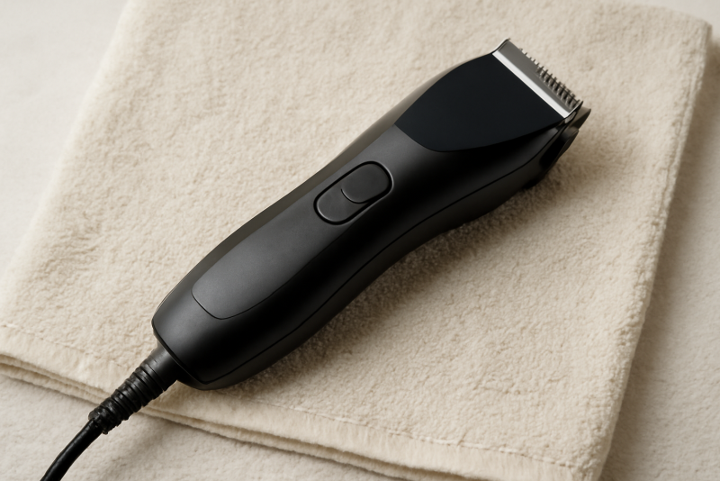 tondeuse electrique pose sur serviette claire