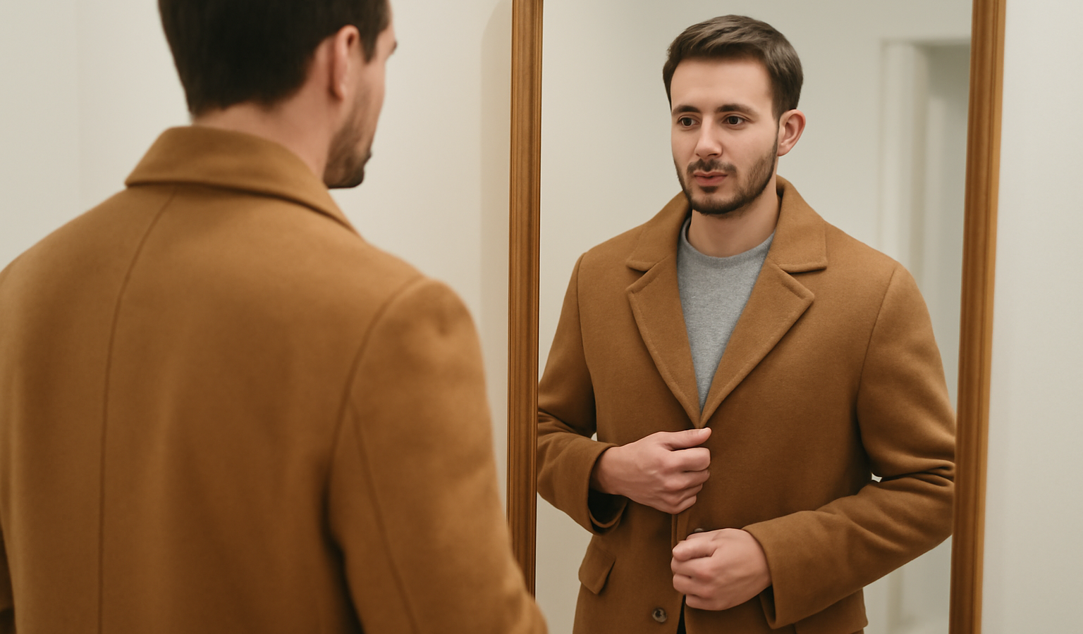 homme essayant manteau devant miroir