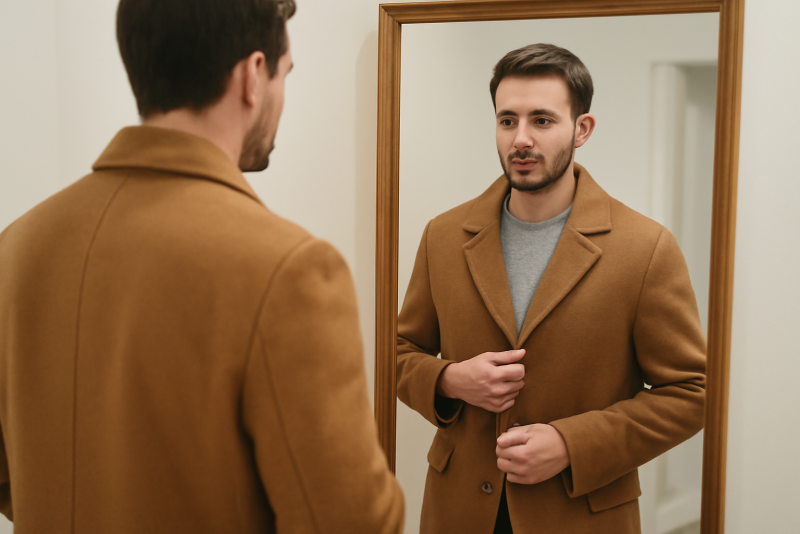 homme essayant manteau devant miroir