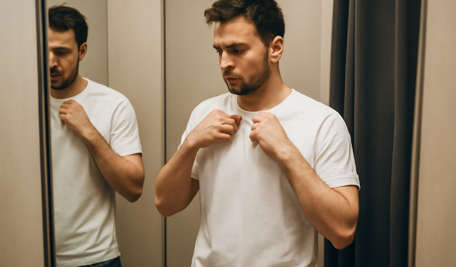 homme essayant un t-shirt basique en cabine